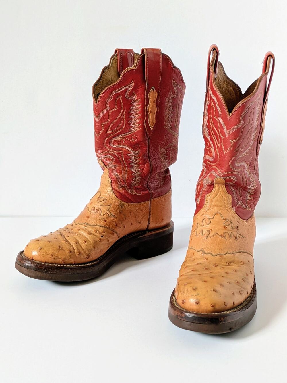Lucchese 2000 Ostrich Boots 7 Tan Red Two Tone Mid Calf Western Goatskin Leather